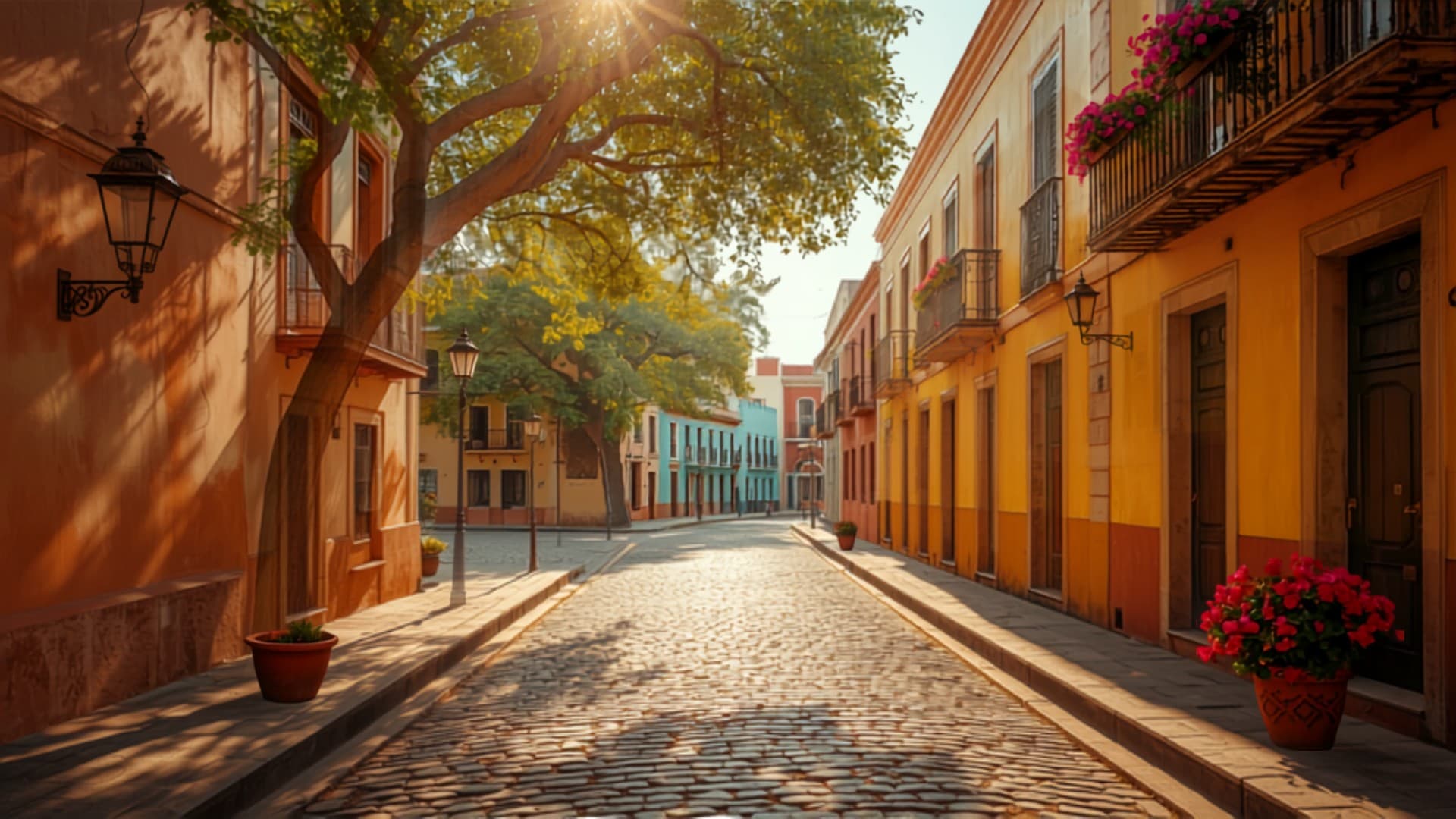 Sonnenbeschienene Kolonialstraße mit Kopfsteinpflaster, bunten Häuserfassaden und blühender Bougainvillea
