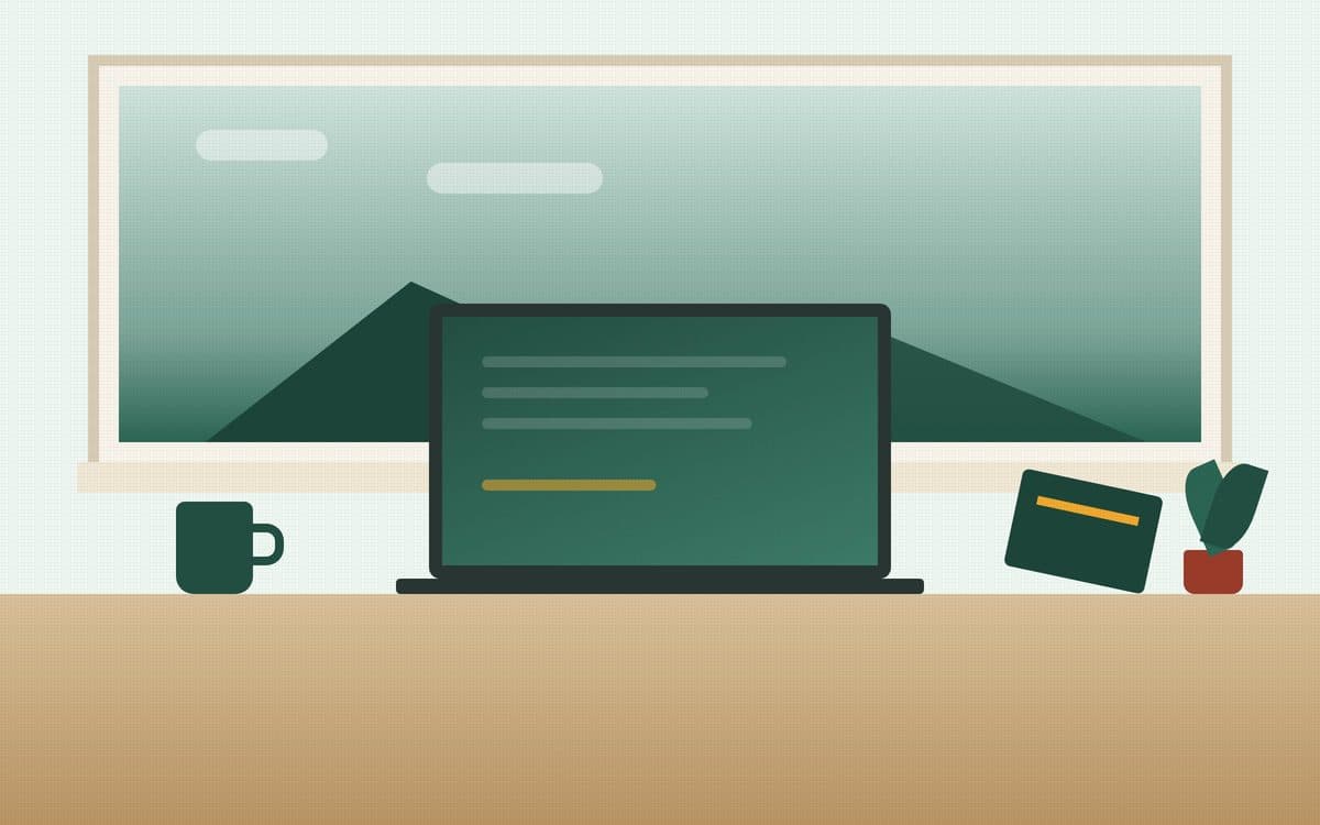 Laptop und Reisepass am Schreibtisch mit Blick ins Grüne